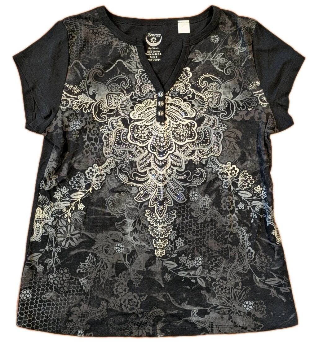 Vtg Zenergy By Chico’s Top Sz 1 Black Floral Paisley Embellished Made In USA Y2K
